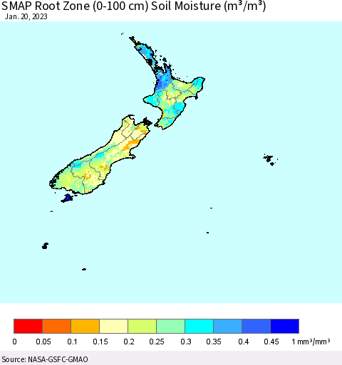 New Zealand SMAP Root Zone (0-100 cm) Soil Moisture (m³/m³) Thematic Map For 1/16/2023 - 1/20/2023