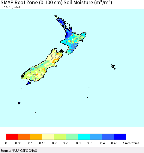 New Zealand SMAP Root Zone (0-100 cm) Soil Moisture (m³/m³) Thematic Map For 1/26/2023 - 1/31/2023