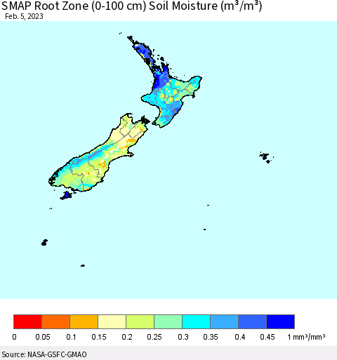 New Zealand SMAP Root Zone (0-100 cm) Soil Moisture (m³/m³) Thematic Map For 2/1/2023 - 2/5/2023