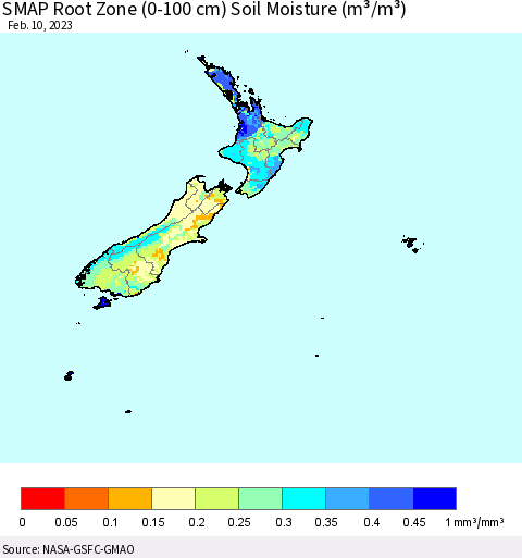 New Zealand SMAP Root Zone (0-100 cm) Soil Moisture (m³/m³) Thematic Map For 2/6/2023 - 2/10/2023