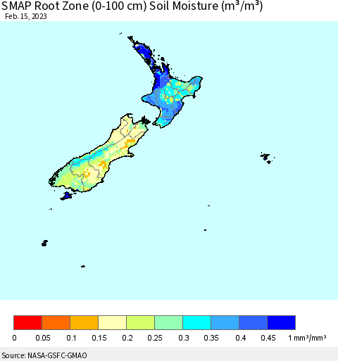 New Zealand SMAP Root Zone (0-100 cm) Soil Moisture (m³/m³) Thematic Map For 2/11/2023 - 2/15/2023