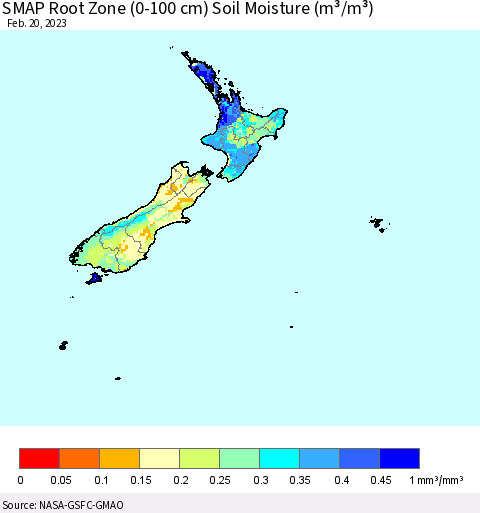 New Zealand SMAP Root Zone (0-100 cm) Soil Moisture (m³/m³) Thematic Map For 2/16/2023 - 2/20/2023