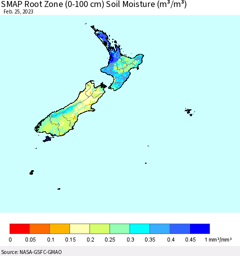 New Zealand SMAP Root Zone (0-100 cm) Soil Moisture (m³/m³) Thematic Map For 2/21/2023 - 2/25/2023