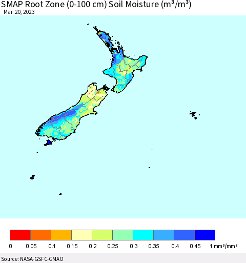 New Zealand SMAP Root Zone (0-100 cm) Soil Moisture (m³/m³) Thematic Map For 3/16/2023 - 3/20/2023