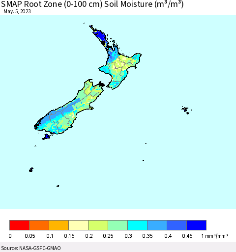 New Zealand SMAP Root Zone (0-100 cm) Soil Moisture (m³/m³) Thematic Map For 5/1/2023 - 5/5/2023