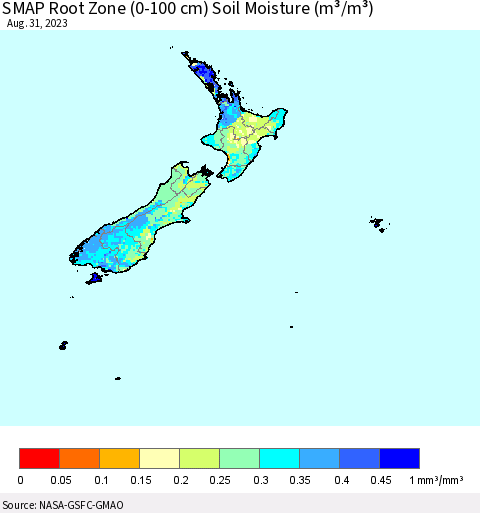 New Zealand SMAP Root Zone (0-100 cm) Soil Moisture (m³/m³) Thematic Map For 8/26/2023 - 8/31/2023