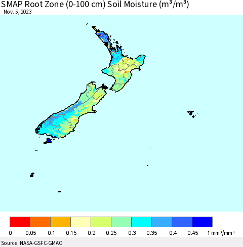 New Zealand SMAP Root Zone (0-100 cm) Soil Moisture (m³/m³) Thematic Map For 11/1/2023 - 11/5/2023