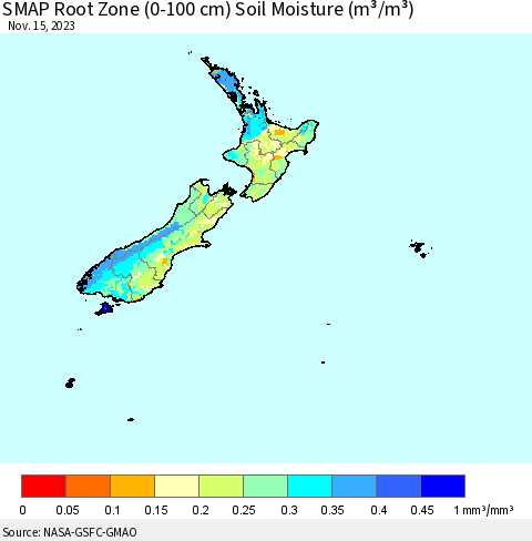 New Zealand SMAP Root Zone (0-100 cm) Soil Moisture (m³/m³) Thematic Map For 11/11/2023 - 11/15/2023