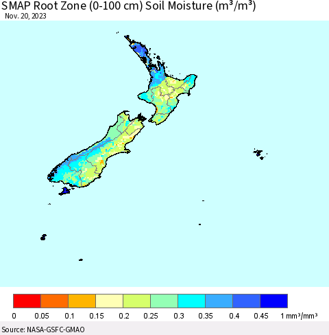 New Zealand SMAP Root Zone (0-100 cm) Soil Moisture (m³/m³) Thematic Map For 11/16/2023 - 11/20/2023
