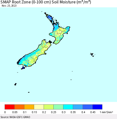 New Zealand SMAP Root Zone (0-100 cm) Soil Moisture (m³/m³) Thematic Map For 11/21/2023 - 11/25/2023
