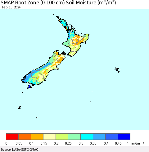 New Zealand SMAP Root Zone (0-100 cm) Soil Moisture (m³/m³) Thematic Map For 2/11/2024 - 2/15/2024