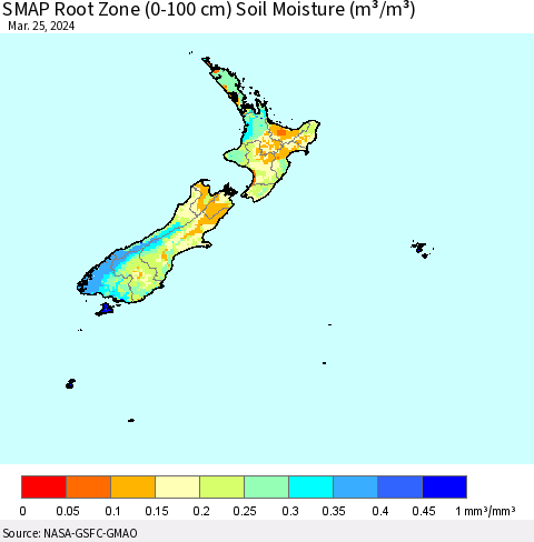 New Zealand SMAP Root Zone (0-100 cm) Soil Moisture (m³/m³) Thematic Map For 3/21/2024 - 3/25/2024