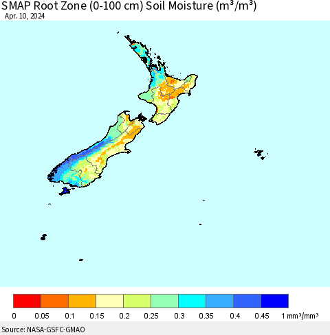 New Zealand SMAP Root Zone (0-100 cm) Soil Moisture (m³/m³) Thematic Map For 4/6/2024 - 4/10/2024