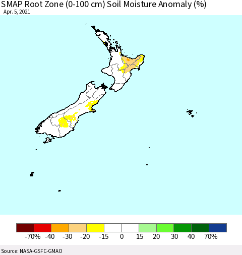 New Zealand SMAP Root Zone (0-100 cm) Soil Moisture Anomaly (%) Thematic Map For 4/1/2021 - 4/5/2021
