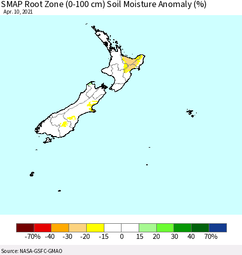 New Zealand SMAP Root Zone (0-100 cm) Soil Moisture Anomaly (%) Thematic Map For 4/6/2021 - 4/10/2021