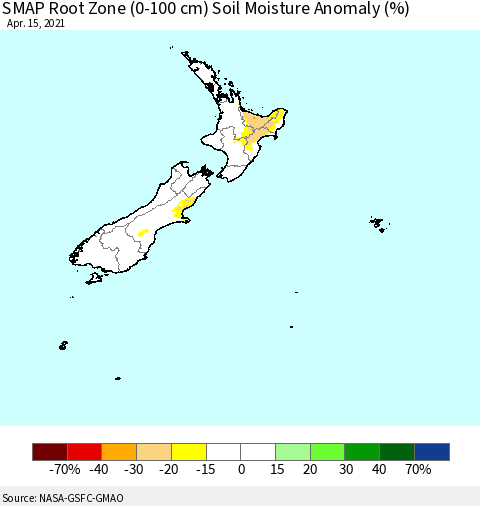 New Zealand SMAP Root Zone (0-100 cm) Soil Moisture Anomaly (%) Thematic Map For 4/11/2021 - 4/15/2021