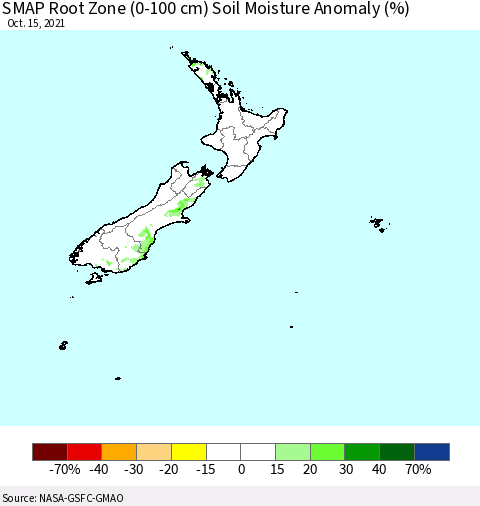 New Zealand SMAP Root Zone (0-100 cm) Soil Moisture Anomaly (%) Thematic Map For 10/11/2021 - 10/15/2021
