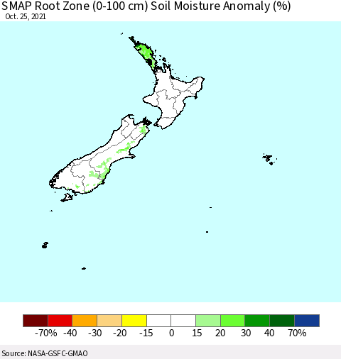 New Zealand SMAP Root Zone (0-100 cm) Soil Moisture Anomaly (%) Thematic Map For 10/21/2021 - 10/25/2021