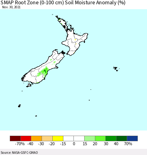 New Zealand SMAP Root Zone (0-100 cm) Soil Moisture Anomaly (%) Thematic Map For 11/26/2021 - 11/30/2021