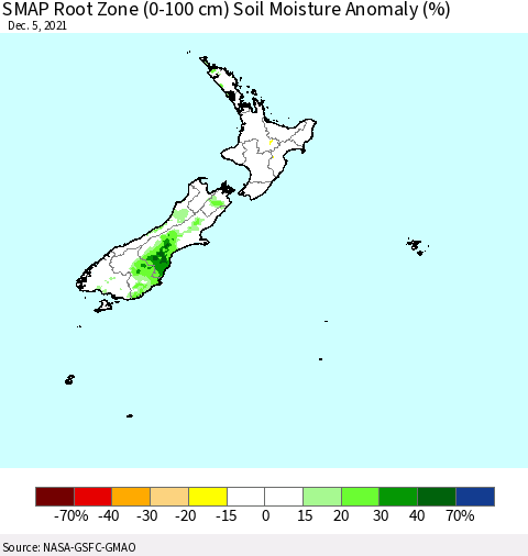 New Zealand SMAP Root Zone (0-100 cm) Soil Moisture Anomaly (%) Thematic Map For 12/1/2021 - 12/5/2021