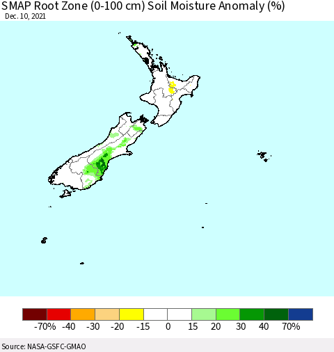 New Zealand SMAP Root Zone (0-100 cm) Soil Moisture Anomaly (%) Thematic Map For 12/6/2021 - 12/10/2021