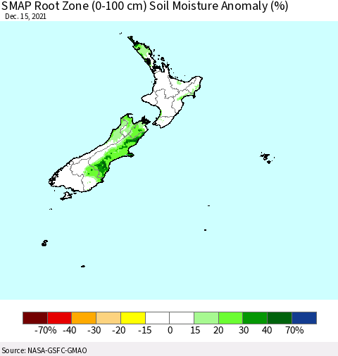 New Zealand SMAP Root Zone (0-100 cm) Soil Moisture Anomaly (%) Thematic Map For 12/11/2021 - 12/15/2021