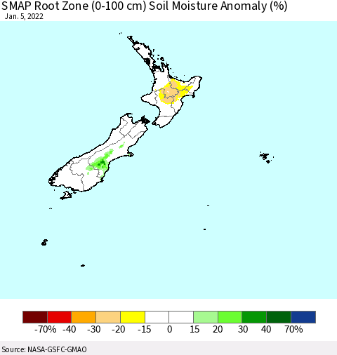 New Zealand SMAP Root Zone (0-100 cm) Soil Moisture Anomaly (%) Thematic Map For 1/1/2022 - 1/5/2022