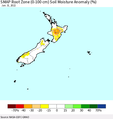 New Zealand SMAP Root Zone (0-100 cm) Soil Moisture Anomaly (%) Thematic Map For 1/26/2022 - 1/31/2022