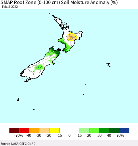 New Zealand SMAP Root Zone (0-100 cm) Soil Moisture Anomaly (%) Thematic Map For 2/1/2022 - 2/5/2022