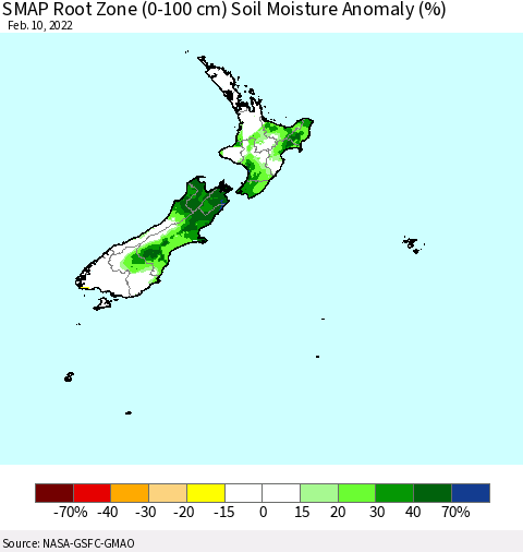 New Zealand SMAP Root Zone (0-100 cm) Soil Moisture Anomaly (%) Thematic Map For 2/6/2022 - 2/10/2022