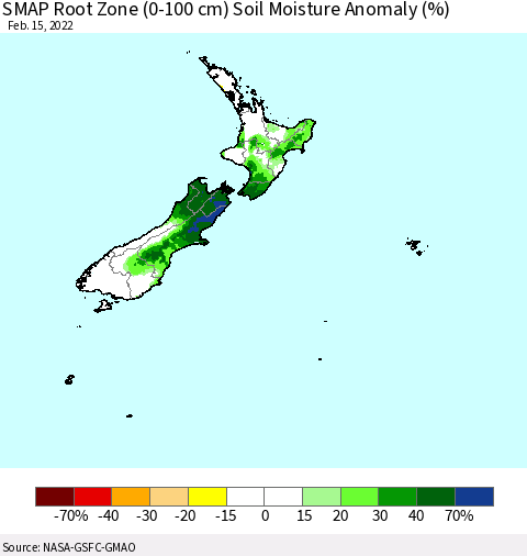 New Zealand SMAP Root Zone (0-100 cm) Soil Moisture Anomaly (%) Thematic Map For 2/11/2022 - 2/15/2022
