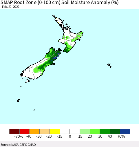 New Zealand SMAP Root Zone (0-100 cm) Soil Moisture Anomaly (%) Thematic Map For 2/16/2022 - 2/20/2022