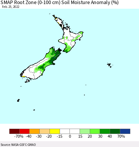 New Zealand SMAP Root Zone (0-100 cm) Soil Moisture Anomaly (%) Thematic Map For 2/21/2022 - 2/25/2022