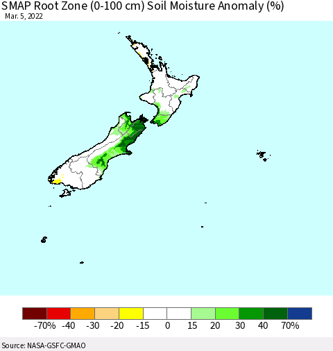 New Zealand SMAP Root Zone (0-100 cm) Soil Moisture Anomaly (%) Thematic Map For 3/1/2022 - 3/5/2022