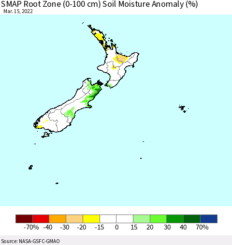 New Zealand SMAP Root Zone (0-100 cm) Soil Moisture Anomaly (%) Thematic Map For 3/11/2022 - 3/15/2022