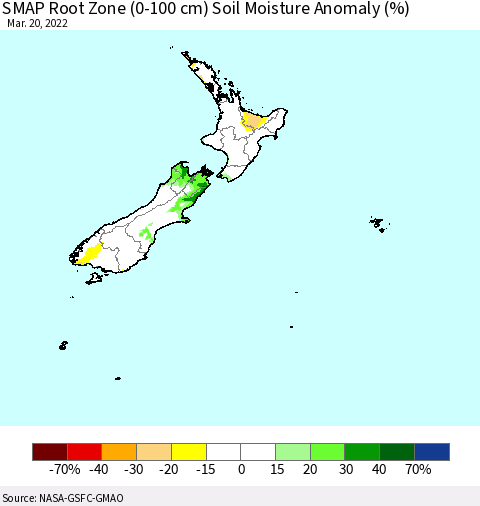 New Zealand SMAP Root Zone (0-100 cm) Soil Moisture Anomaly (%) Thematic Map For 3/16/2022 - 3/20/2022
