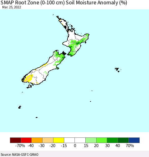 New Zealand SMAP Root Zone (0-100 cm) Soil Moisture Anomaly (%) Thematic Map For 3/21/2022 - 3/25/2022