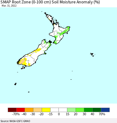 New Zealand SMAP Root Zone (0-100 cm) Soil Moisture Anomaly (%) Thematic Map For 3/26/2022 - 3/31/2022