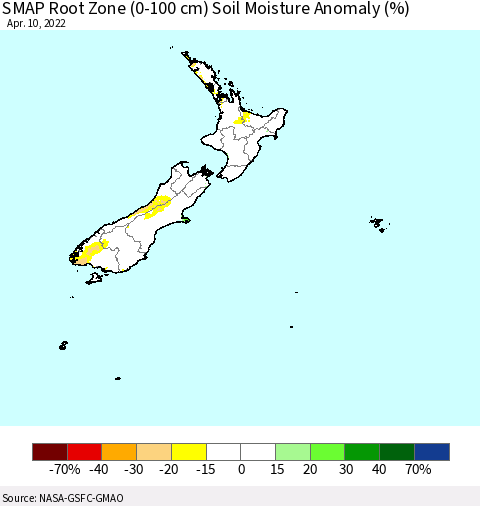 New Zealand SMAP Root Zone (0-100 cm) Soil Moisture Anomaly (%) Thematic Map For 4/6/2022 - 4/10/2022