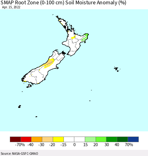 New Zealand SMAP Root Zone (0-100 cm) Soil Moisture Anomaly (%) Thematic Map For 4/11/2022 - 4/15/2022