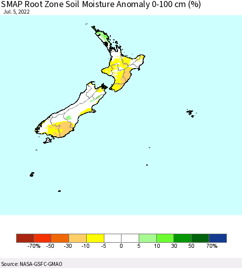 New Zealand SMAP Root Zone (0-100 cm) Soil Moisture Anomaly (%) Thematic Map For 7/1/2022 - 7/5/2022