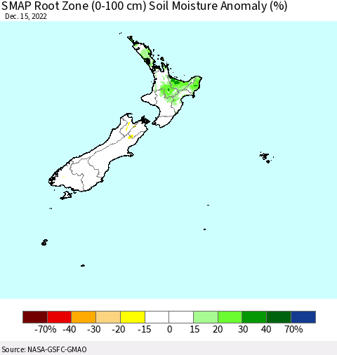 New Zealand SMAP Root Zone (0-100 cm) Soil Moisture Anomaly (%) Thematic Map For 12/11/2022 - 12/15/2022