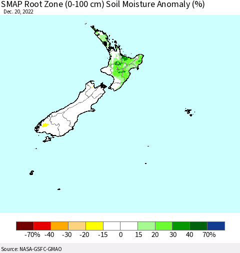 New Zealand SMAP Root Zone (0-100 cm) Soil Moisture Anomaly (%) Thematic Map For 12/16/2022 - 12/20/2022