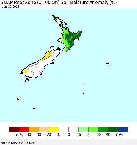 New Zealand SMAP Root Zone (0-100 cm) Soil Moisture Anomaly (%) Thematic Map For 1/6/2023 - 1/10/2023
