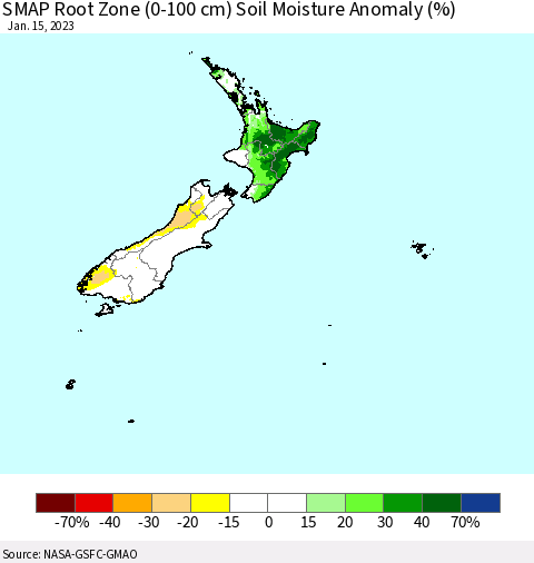New Zealand SMAP Root Zone (0-100 cm) Soil Moisture Anomaly (%) Thematic Map For 1/11/2023 - 1/15/2023