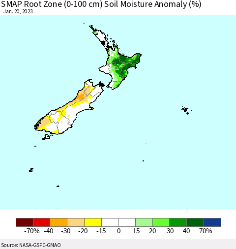 New Zealand SMAP Root Zone (0-100 cm) Soil Moisture Anomaly (%) Thematic Map For 1/16/2023 - 1/20/2023