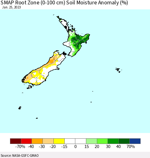 New Zealand SMAP Root Zone (0-100 cm) Soil Moisture Anomaly (%) Thematic Map For 1/21/2023 - 1/25/2023