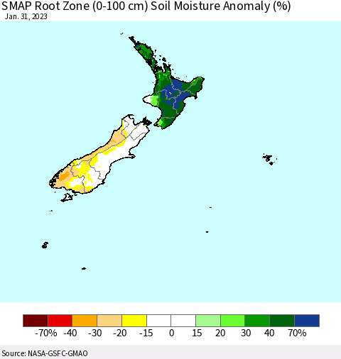 New Zealand SMAP Root Zone (0-100 cm) Soil Moisture Anomaly (%) Thematic Map For 1/26/2023 - 1/31/2023