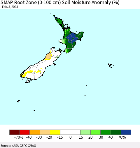 New Zealand SMAP Root Zone (0-100 cm) Soil Moisture Anomaly (%) Thematic Map For 2/1/2023 - 2/5/2023