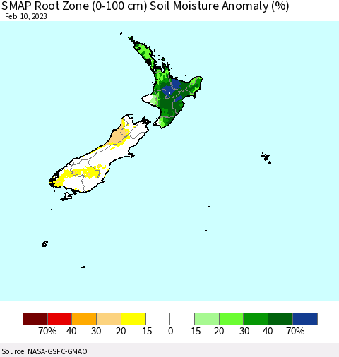 New Zealand SMAP Root Zone (0-100 cm) Soil Moisture Anomaly (%) Thematic Map For 2/6/2023 - 2/10/2023